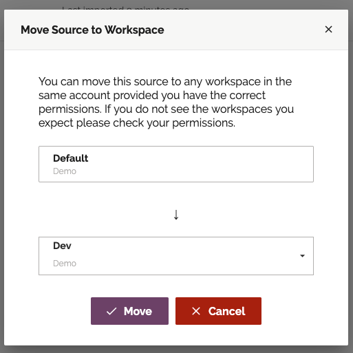 Change Workspace dialog with destination workspace selector