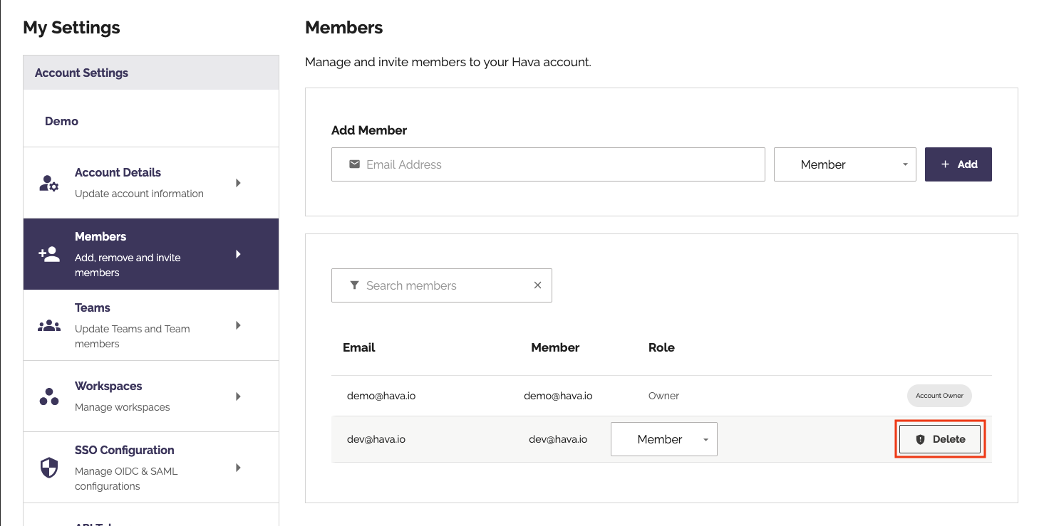 Members list with delete button highlighted next to a user