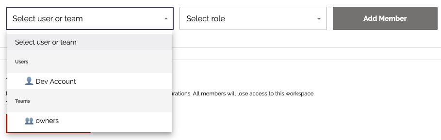 Add Member dialog with user selector and workspace role dropdown