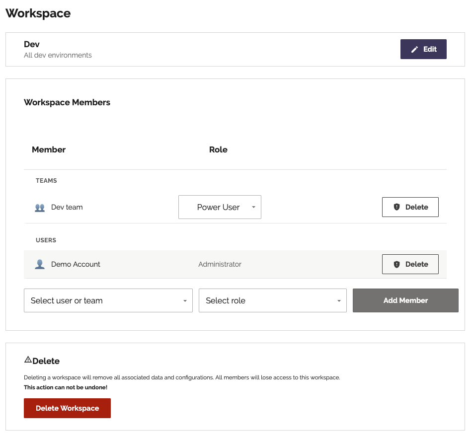 Workspace detail page showing members and teams sections