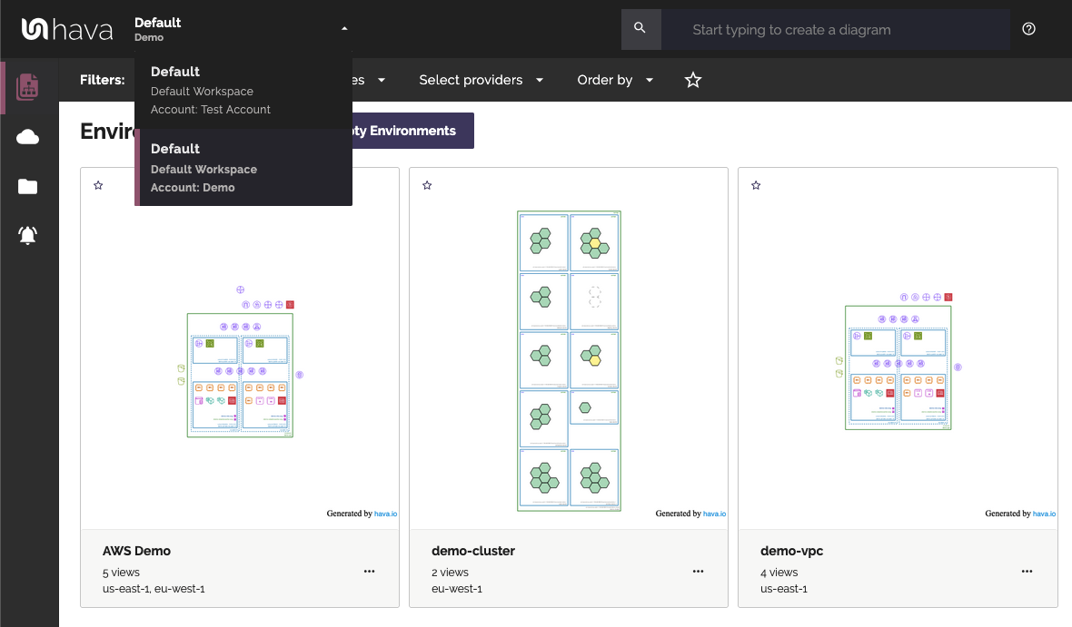 Workspace selector dropdown at the top of the Hava interface